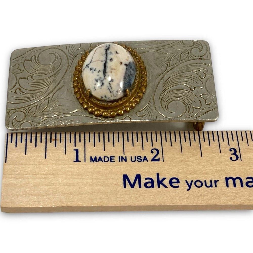 White Buffalo Vintage Belt Buckle Nickel Silver Filigree Western Cabochon - Picture 7 of 9